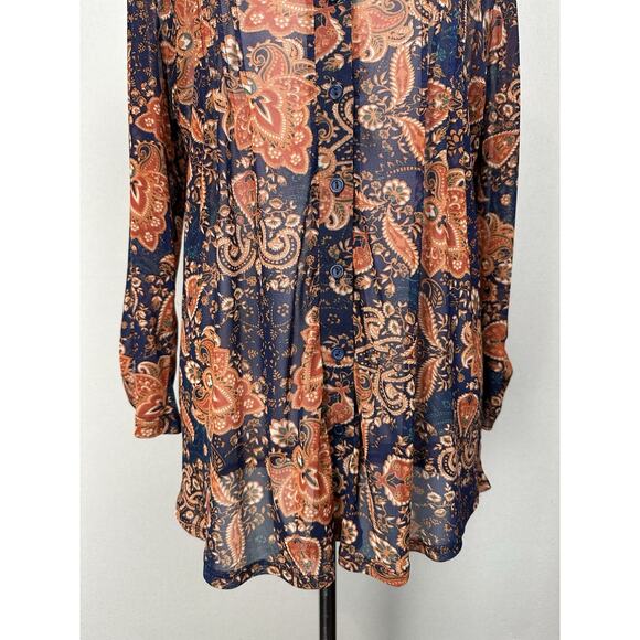 PerSeption Concepts XL Navy Blue Orange Button front V-neck Sheer Blouse Top - Picture 3 of 15
